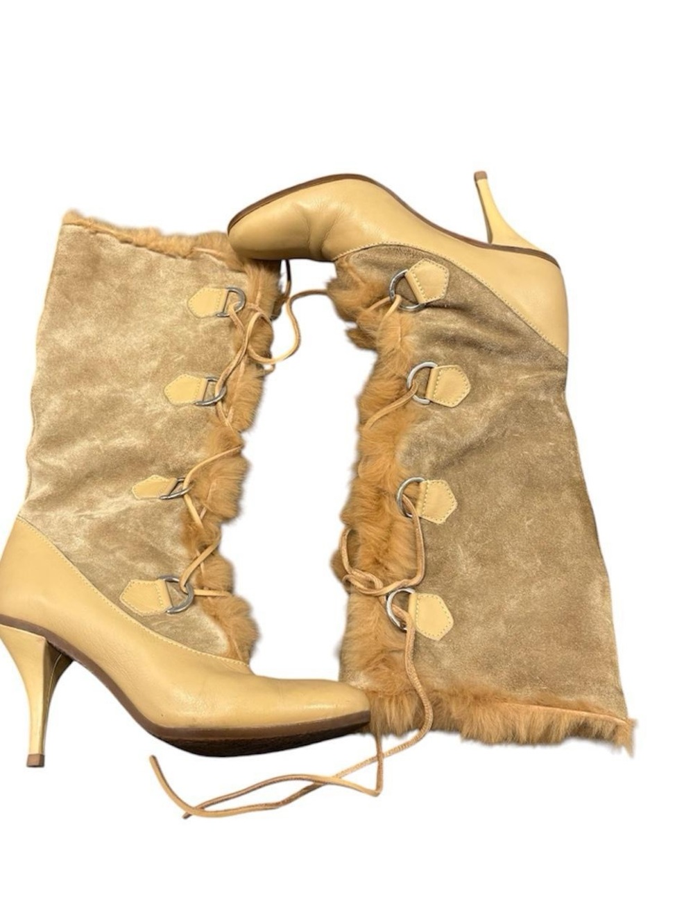 Y2K Beige Faux-Fur Lace-Up Stiletto Mid-Calf Boots